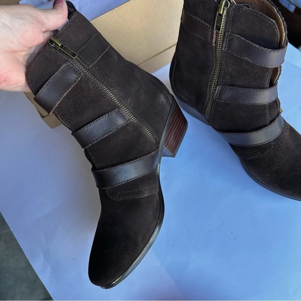 Kelsi Dagger Brooklyn Women’s Dana Chocolate Brown Suede Ankle Boot Buckles 8‎